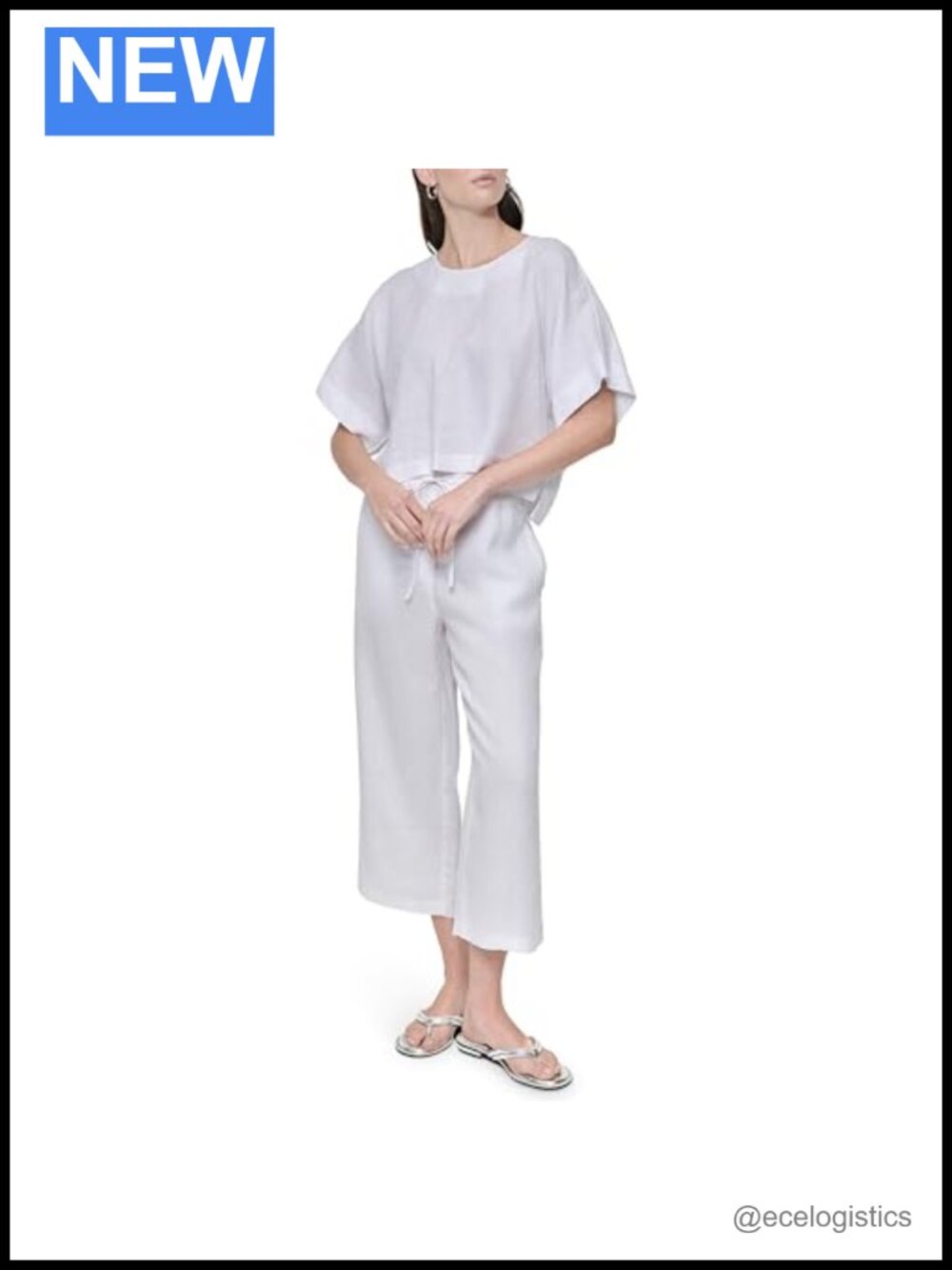 DKNY Women's Drop Shoulder Cropped Box Blouse 100% Linen